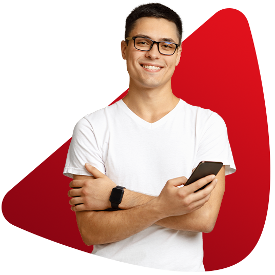 Hombre alegre con celular Compra de Cartera