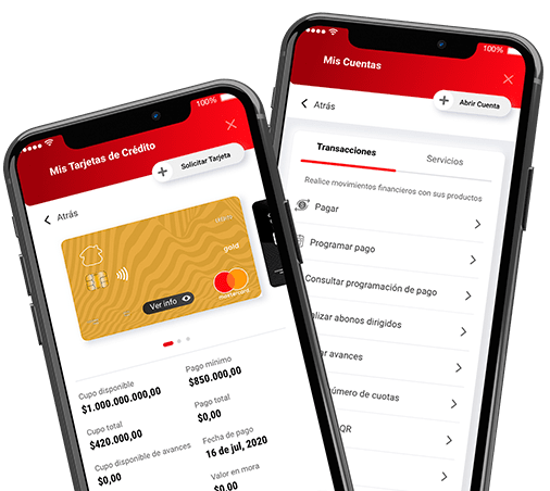 Dos celulares con pantallas del App Davivienda Compra de Cartera con Tarjeta de Crédito